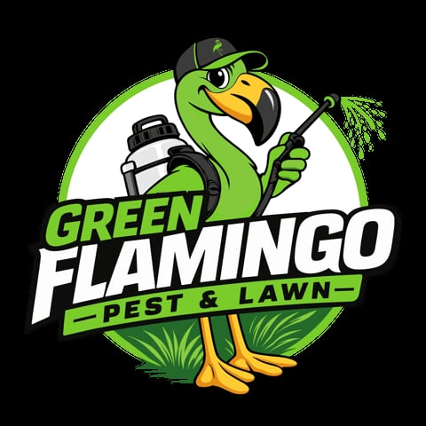Green Flamingo Pest & Lawn logo featuring a cartoon flamingo holding a spray bottle and plant with yellow feet